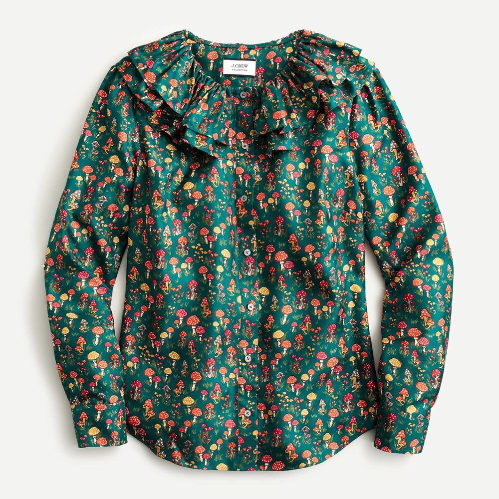J. Crew Collection silk-twill ruffle-collar top in mushroom floral XS